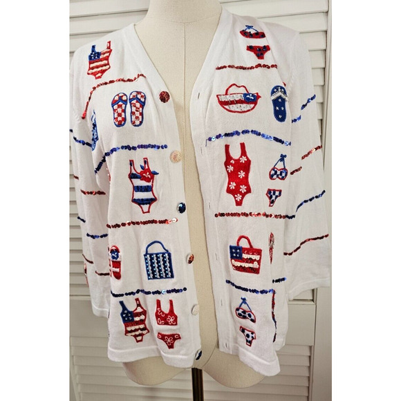 Vintage Jack B Quick M‎ Patriotic Election Knit Sweater Cardigan-Sequined-Beaded - Picture 1 of 5
